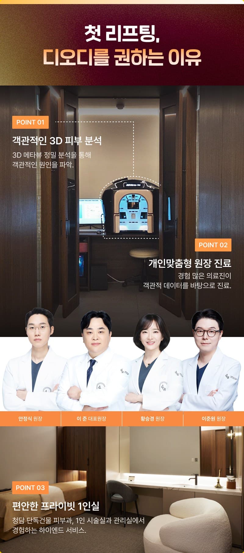 디오디피부과의원 청담의 첫 리프팅 진행 방식 - 3D 피부 분석, 원장 진료, 프라이빗 1인실
